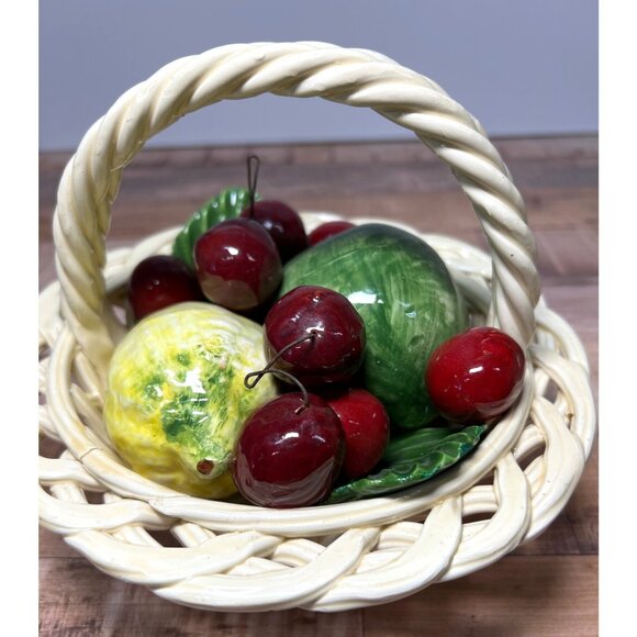 Vintage Italian Ceramic Fruit Basket With Lemons Apples Cherries & Woven Handle - Picture 2 of 5